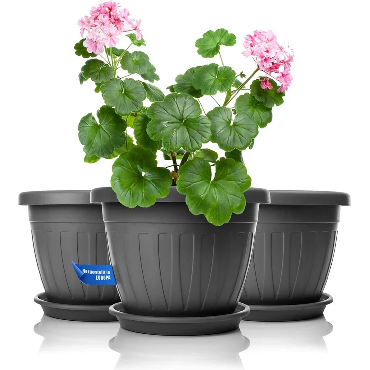 BigDean 3x Blumentopf mit Untersetzer rund ø28xH20 cm anthrazit - wetterfester Pflanzkübel - Wasserablauf UV-beständig aus bruchsicherem Kunststoff - Innen + Außen geeignet - Made in Europe – Bild 1