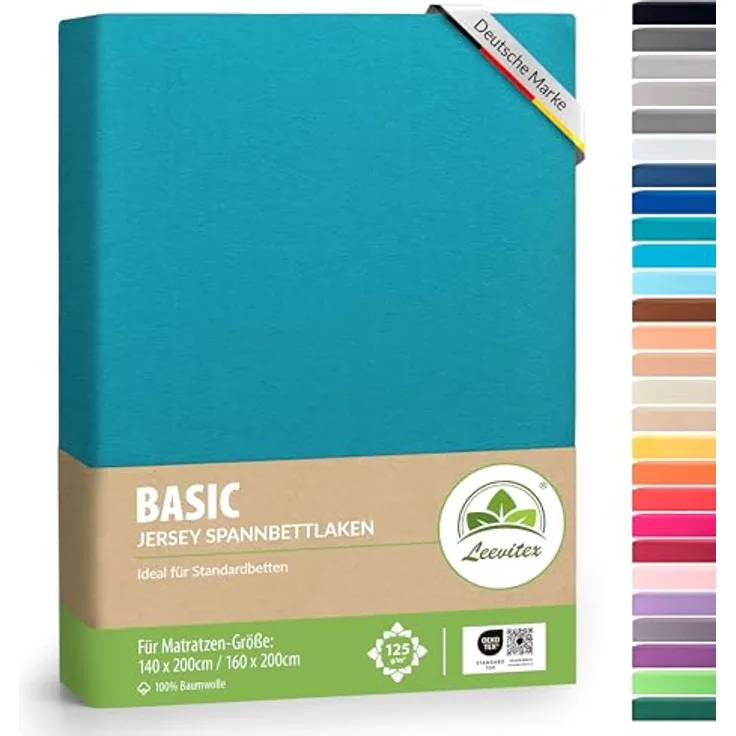 leevitex® Spannbettlaken 140x200cm - 160x200 cm | Spannbetttuch Bettlaken | 100% Jersey Baumwolle | Matratzenhöhe bis 25 cm | Ökotex | Petrol/Smaragd Blau