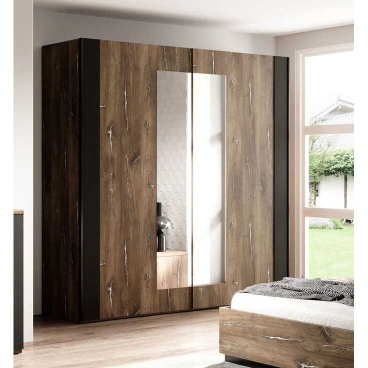 Schwebetürenschrank Kleideschrank Sigma 200cm Ausführung Flagstaf Eiche dunkel - silber App. / schwarz