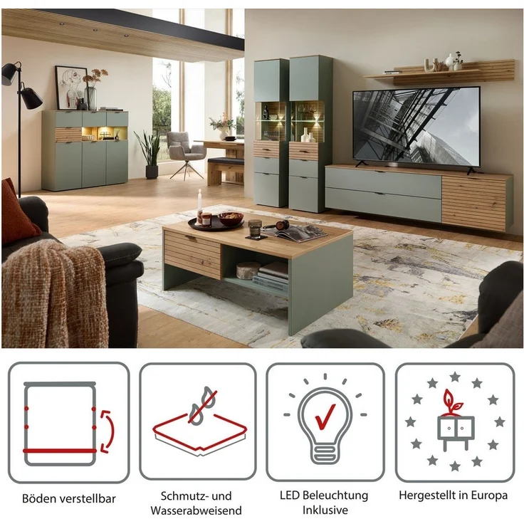 Stella Trading INA Highboard in Schilfgrün, Artisan Eiche Optik FSC-Zertifiziert - Moderner Wohnzimmerschrank mit Schubladen und LED-Beleuchtung - 125 x 125 x 45 cm (B/H/T) – Bild 3