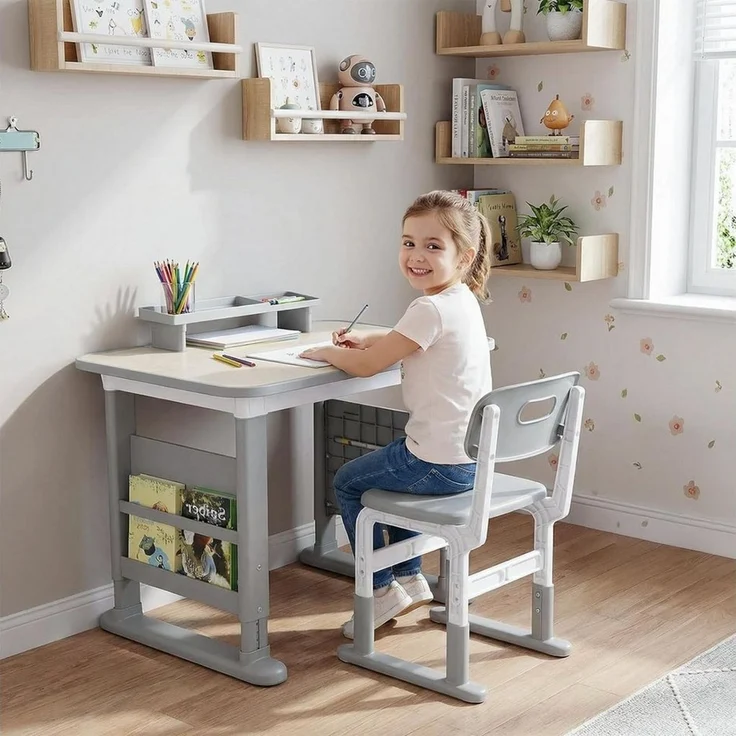 TLGREEN Kinderschreibtisch mit Stuhl Set Höhenverstellbarer (Kinderaußenhocker innen/außen nutzbar, Graffiti-Tisch 3-12 Jahre, mit Seiten-Bücherregal & Ablagekasten), Stabiler Kinderlernplatz für Kinderzimmer/Garten/Arbeitszimmer – Bild 5