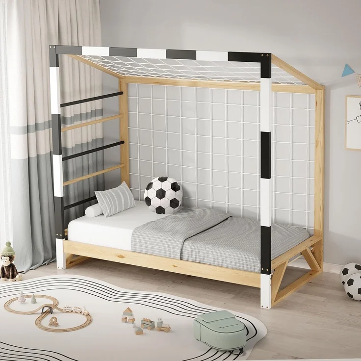 ML-DESIGN Spielbett Kinderbett Fußballtor Holzbett mit Lattenrost Kletterleiter & Netz, Handballtor Abenteuerbett 80x160cm Natur für Kinder aus Kiefernholz – Bild 7