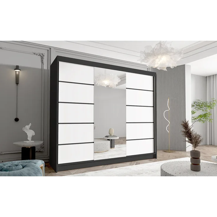 Sofnet Kleiderschrank Davos VI (mit Spiegel, Schiebetüren und Kleiderstange) Schwebetürenschrank mit 3 Türen, Schiebetürenschrank - 250x215x58 cm