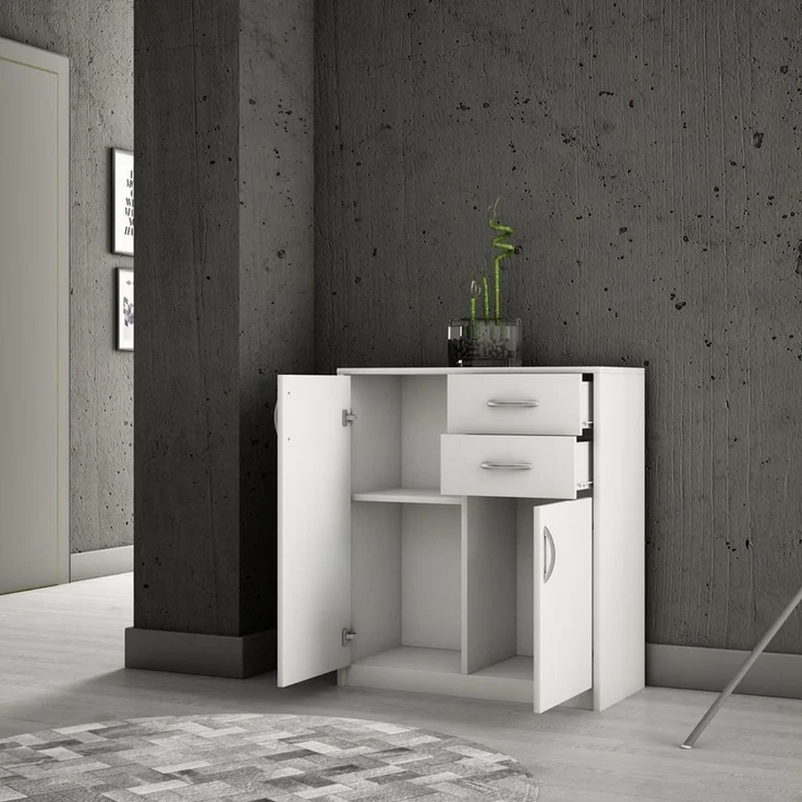 Home Collective Kommode mit 2 Schubladen und 2 Türen in matter Ausführung, Kommode 74cm breit (Hergestellt aus laminiertem Holz, Metallrollen mit Auszugssperre), Holz Schrank Sideboard Highboard Kommode mit Schubladen Weiß – Bild 3