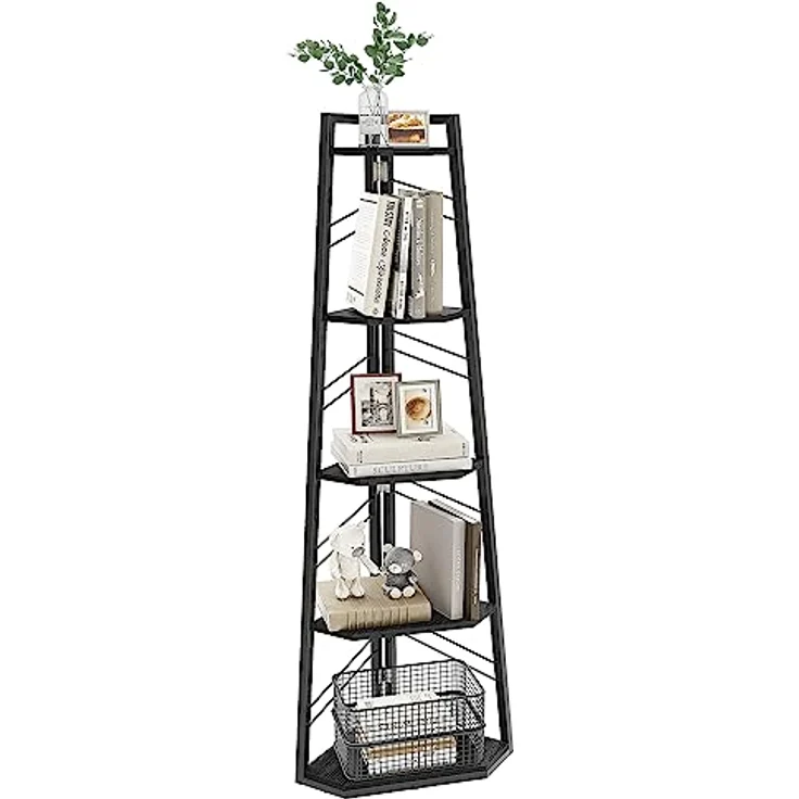 YITAHOME 5-Stöckiges Eck-Bücherregal - Industrielles, Modernes Freistehendes Leiter-Regal - Offenes Holzregal für Wohnzimmer, Diele, Home Office, Schwarz – Bild 7