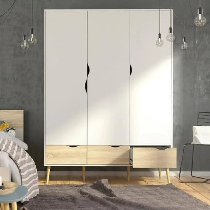 Dmora - Kleiderschrank 3 Türen Emmanuelle, Schlafzimmermöbel, Schrank, Garderobe, 147x58 h200 cm, Weiß und Eiche – Bild 1