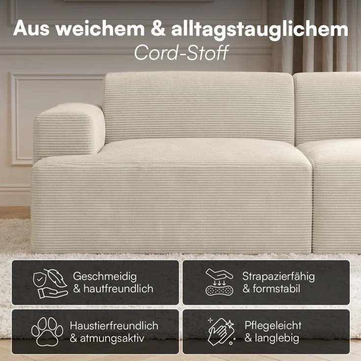 skølm 'Freki' Cloud Sofa 3 Sitzer, Vollschaumcouch mit Federkern und Vakuum-Kompression, kein Aufbau erforderlich, mit 3 Kissen, Cord beige – Bild 5