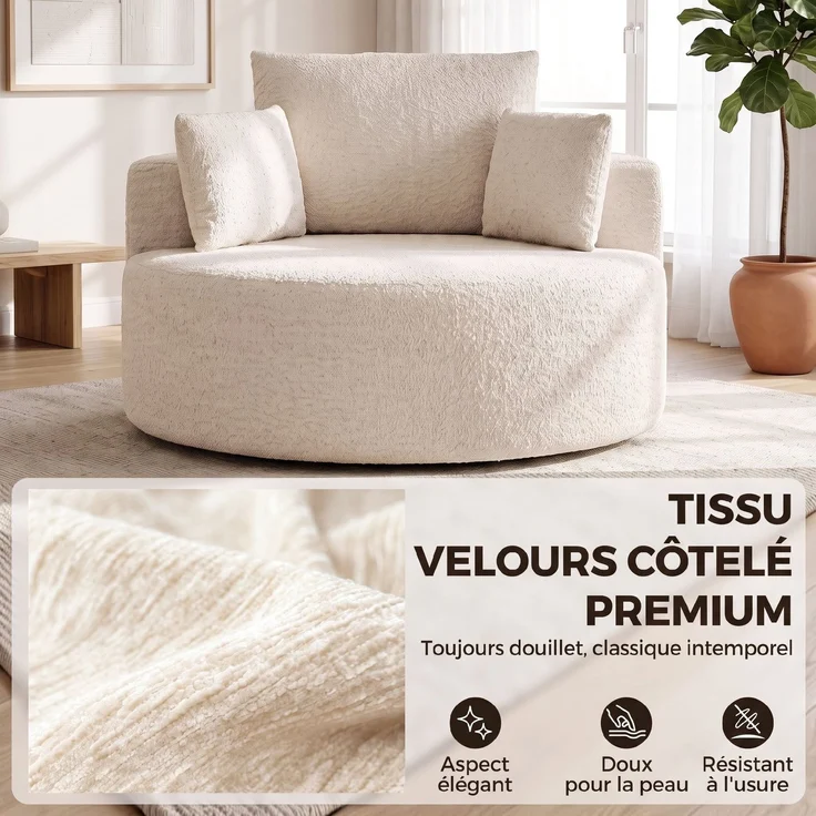 Runder Chenille-Sitzsack, große Sitzfläche, 2 Kissen, 1 Rückenlehne, 1 Nackenrolle, Belastbarkeit 250 kg, 130 x 130 x 82 cm, Creme – Bild 8
