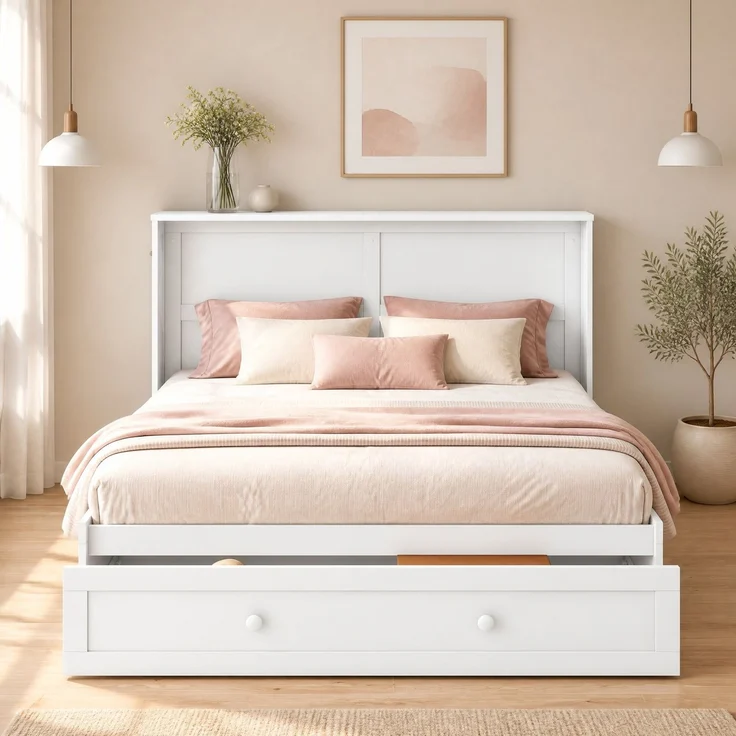 CHICFURN Bett aus Kiefernholz und MDF Weiß 140x200 cm, klappbar mit Schublade und Regalen – Bild 2