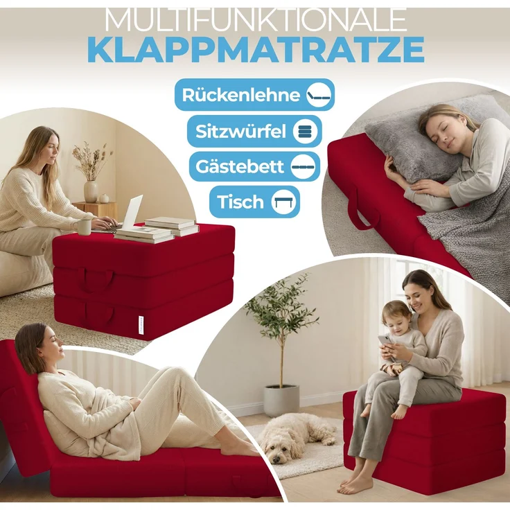 Bestschlaf 'ELONEO' Klappmatratze für Erwachsene, waschbarer Bezug, Polyester Rot, 90 x 200 cm – Bild 3