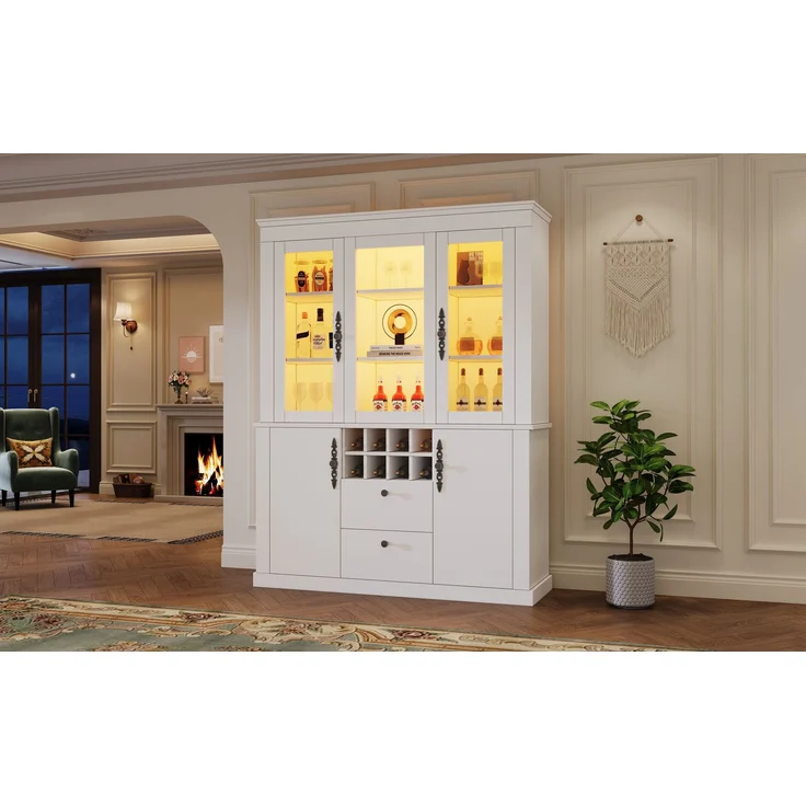 130*37.5*170.5cm Vitrine, Standvitrine mit 2 Schubladen 4 Schranktüren, Glasvitrine mit LED, Wohnzimmerschrank 130 cm breit, Multifunktionsschrank mit 8 Weinregal, Großer Schrank, Weiß--Weiß--130x37.5x170.5cm--YOUDENOVA – Bild 8