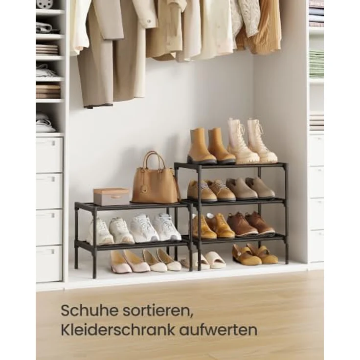 SONGMICS Schuhregal, 2 Ebenen, Schuhablage schmal, Schuh-Organizer Metall, Flur, Wohnzimmer, Kleiderschrank, platzsparend, stapelbar, 30 x 45 x 31 cm, schwarz LSA112BH01 – Bild 6