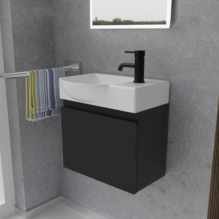 Alpenberger Badmöbel-Set - Gäste WC Waschbecken mit Unterschrank 45 cm Breit, (Badschrank 2-tlg, Waschtisch hängend), Waschbeckenunterschrank mit Softclose - Schwarz - Links Becken – Bild 2