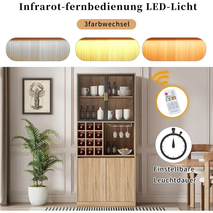 Badezimmerschrank,Spirituosenschrank,Vitrine Vitrinenschrank mit Glastüren und Beleuchtung 180 CM--Natürlich2--80x40x180cm--YOUDENOVA – Bild 6