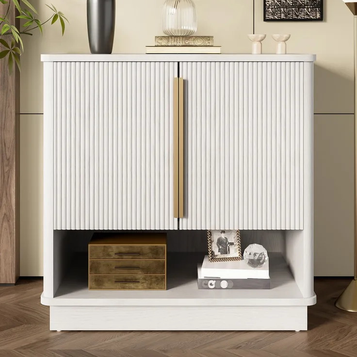 Schuhschrank weiß Holzoptik, 60x40x61 cm, mit 2 Türen & offenem Fach, goldene Griffe