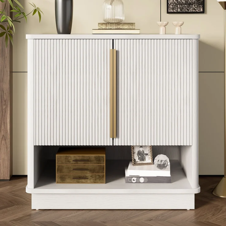 Schuhschrank weiß Holzoptik, 60x40x61 cm, mit 2 Türen & offenem Fach, goldene Griffe – Bild 1