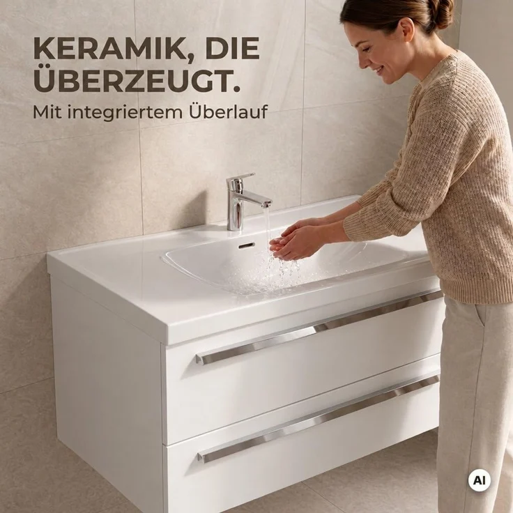 BADEDU TESSANO Waschbecken mit Unterschrank 120 cm breit, Weiß, Waschbecken Keramik Weiß – Bild 6