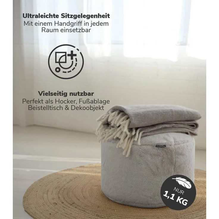 mokebo Pouf Der Flauschige (rund und aus Kunstfell), kuscheliger Sitz-Hocker, Fußhocker oder Hocker in Felloptik in Grau – Bild 2