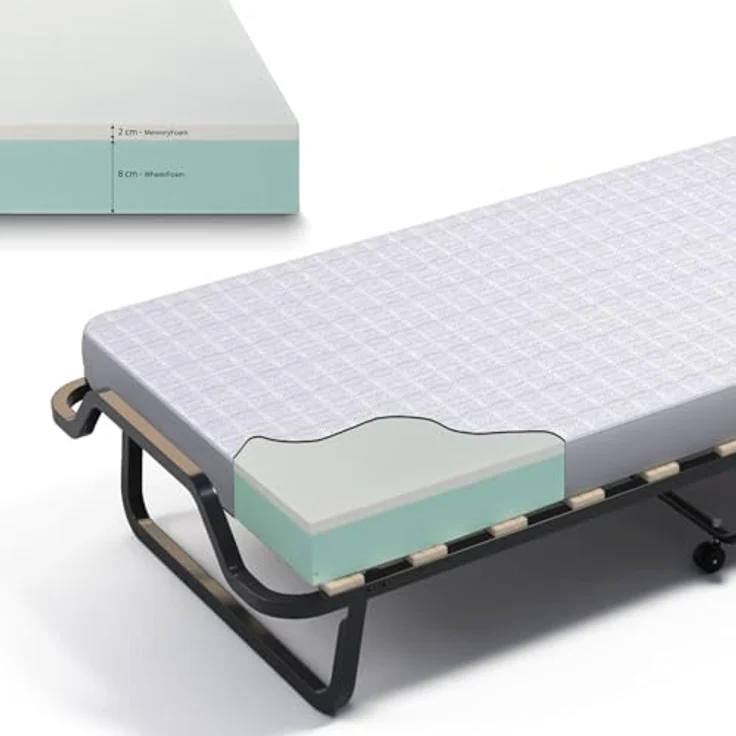 Cortassa - Klappbett mit 10 cm hoher Matratze aus Memory-Schaum, Einzel-Lattenrost mit Holzlatten 80x200 cm, platzsparendes Bett mit Rollen – Bild 5