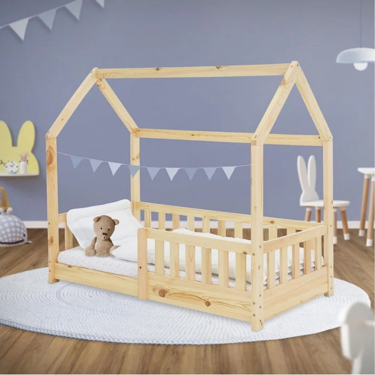 ML-DESIGN Kinderbett Hausbett Spielbett inkl. Lattenrost kreativ Bodenbett für Kinder, Abenteuerbett mit Rausfallschutz Spielbett Kiefer Natur Himmelbett – Bild 1