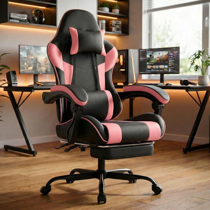 Gaming-Stuhl, PVC-Leder, ergonomisch, mit verstellbarer Rückenlehne & Fußstütze, 58,5x63x120,5 cm, Schwarz+Rosa – Bild 1