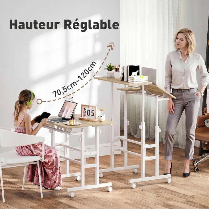 Steh-Sitz-Schreibtisch, höhenverstellbar, 70 x 60 cm, Rollen, neigbare Tischplatte, brauner Metallrahmen – Bild 6