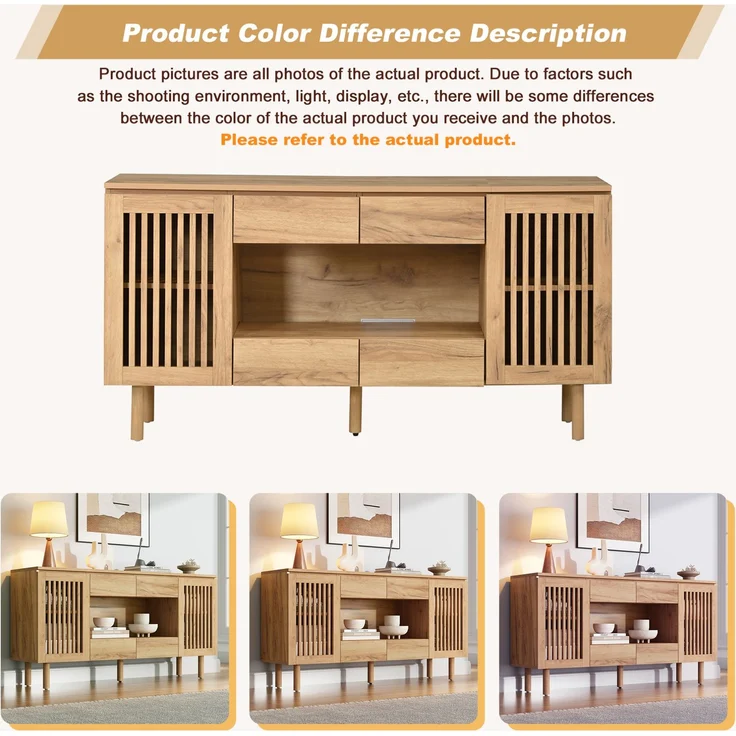 Sideboard 140 x 35 x 71 cm mit 4 Schubladen und 2 Lamellentüren, MDF in Naturholzfarbe – Bild 8
