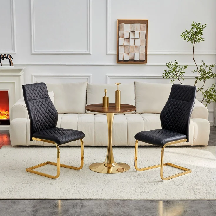 Couchtisch- und Stuhlset 60 cm – runder MDF-Tisch in Walnuss-Optik mit 2 schwarzen Stühlen, Metallgestell – Bild 1