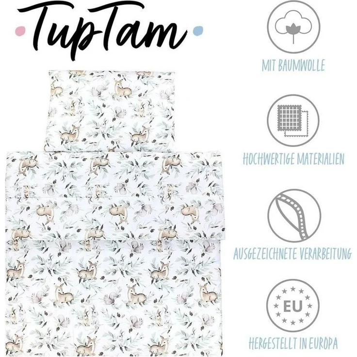 TupTam Kinderbettdecke-Set, Ganzjahresdecke, 2tlg., 1x Bettdecke, 1x Flachkissen, Hasen / Rehe im Laub, 135x100 cm – Bild 2