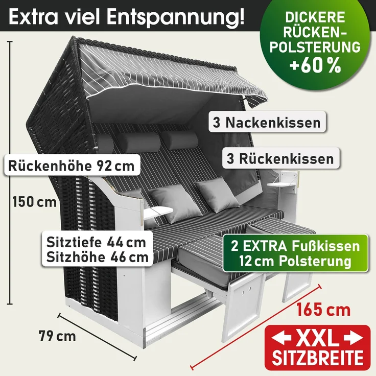'Brast' 3-Sitzer Strandkorb gestreift XXL inkl. Schutzhülle, Poly-Rattan anthrazit/grau, 160 cm – Bild 2