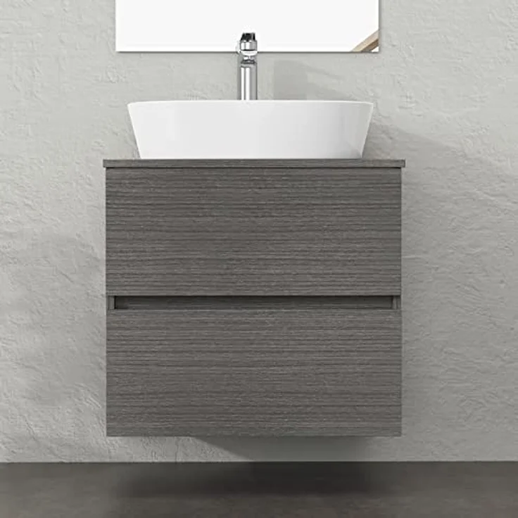 Baikal Onyx Badmöbel montiert, Möbel mit 2 Schubladen, Badezimmermöbel mit Waschbecken, Hängeschrank, Wandschrank, Keramikwaschbecken, inkl. Spiegel, 60 cm, Asche. – Bild 4