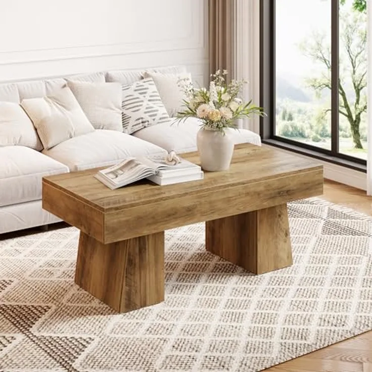 LITTLE TREE Farmhouse Couchtisch, 120 cm, rechteckiger Beistelltisch aus Holz mit massivem Sockel, Moderne niedrige Cocktail- und Teetisch-Möbel für das Wohnzimmer (rustikales Braun)