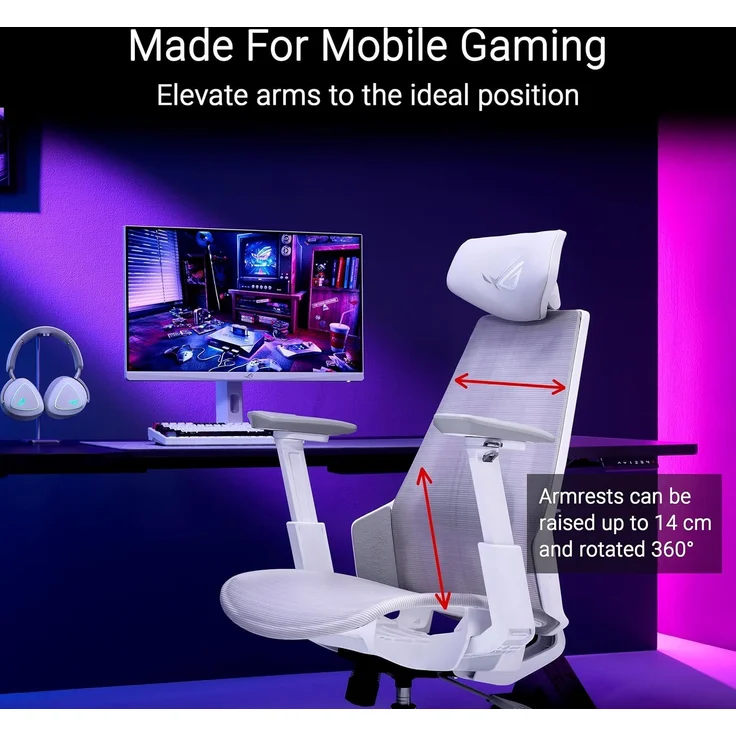 ASUS ROG Destrier Ergo Core White Gaming Stuhl (ergonomischer Gaming Chair, 360 Grad Armstützen mit bis zu 14cm Höhe für Mobile Gaming, Nylonrahmen, Mesh, Lendenwirbelstütze und Kopfstütze, Weiß) – Bild 4