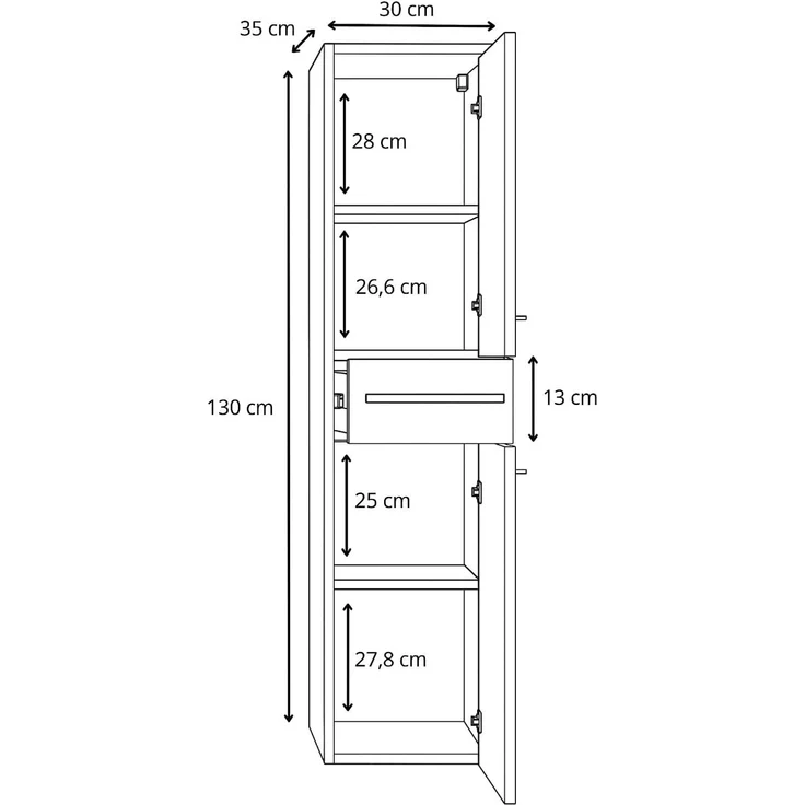 Badplaats Badezimmerschrank Florence 30 x 35 x 130 cm Weiß Hochglanz - Hoch Badschrank mit 2 Türen und 1 Schublade – Bild 4