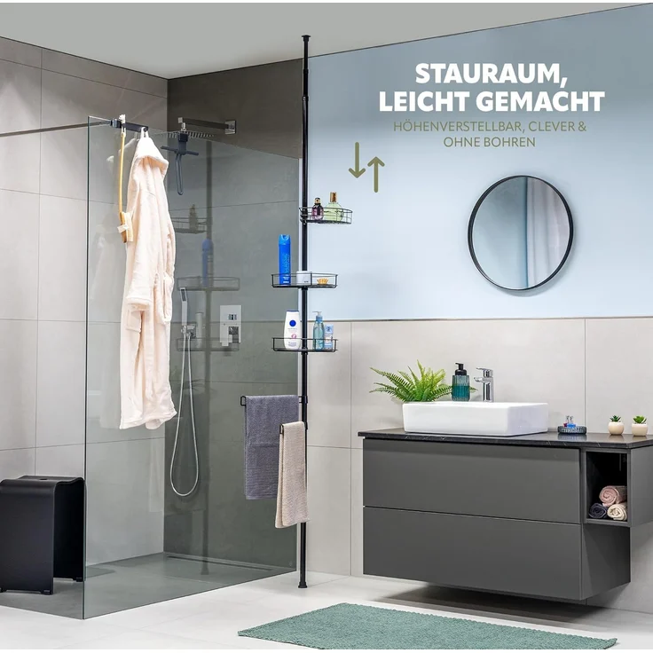 bremermann Teleskopregal Teleskop-Badregal, 3 Körbe, 2 Stangen, bis max. ca. 290 cm, schwarz – Bild 3
