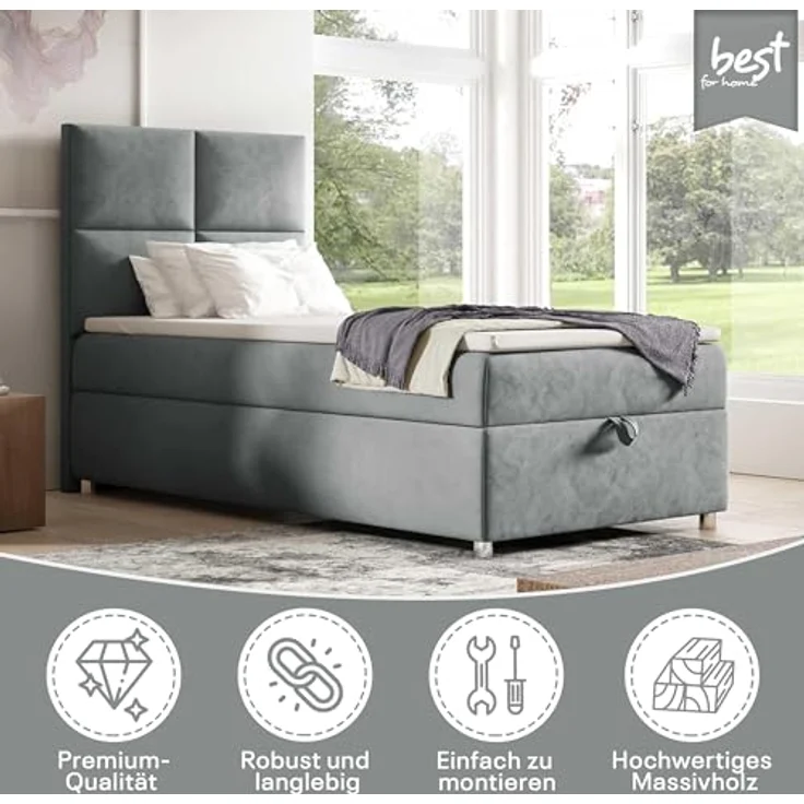 Best for Home Boxspringbett K2 SINGLE mit Bettkasten (Grau 100x200) – Bild 3
