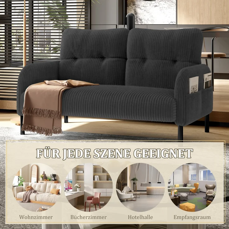 LVHOM 2-Sitzer Sofa mit Metallsockel, Doppelsofa Cordstoff mit Seitentaschen, Polstersofa Stoffsofa Sitzmöbel Loungesofa, 120x79x75cm – Bild 6