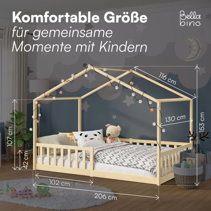 Bellabino 'Bia' Hausbett 120x200 cm, natur, Kiefer Massivholz, Bodenbett in Hausoptik, Montessori Kinderbett mit Rausfallschutz und Lattenrost – Bild 9
