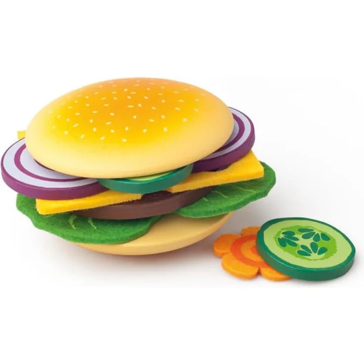 Woody Hamburger / Cheesburger aus Holz/Filz. Zubehör Kaufladen oder Küche. 12 teilig. In schöner Geschenktasche.