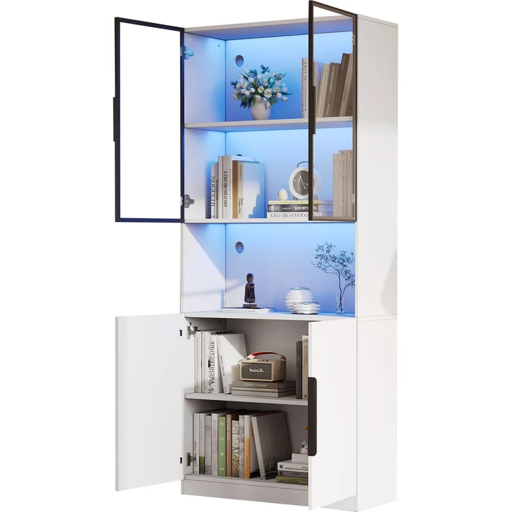Moderne minimalistische Vitrine mit Glastüren, Vitrine mit LED-Leuchten, Bücherregal für Sammlerstücke, einstellbare Farbtemperatur und Helligkeit, weiße 80*30*200cm--Weiß--94.49x50.8x19.51cm--YOUDENOVA – Bild 7