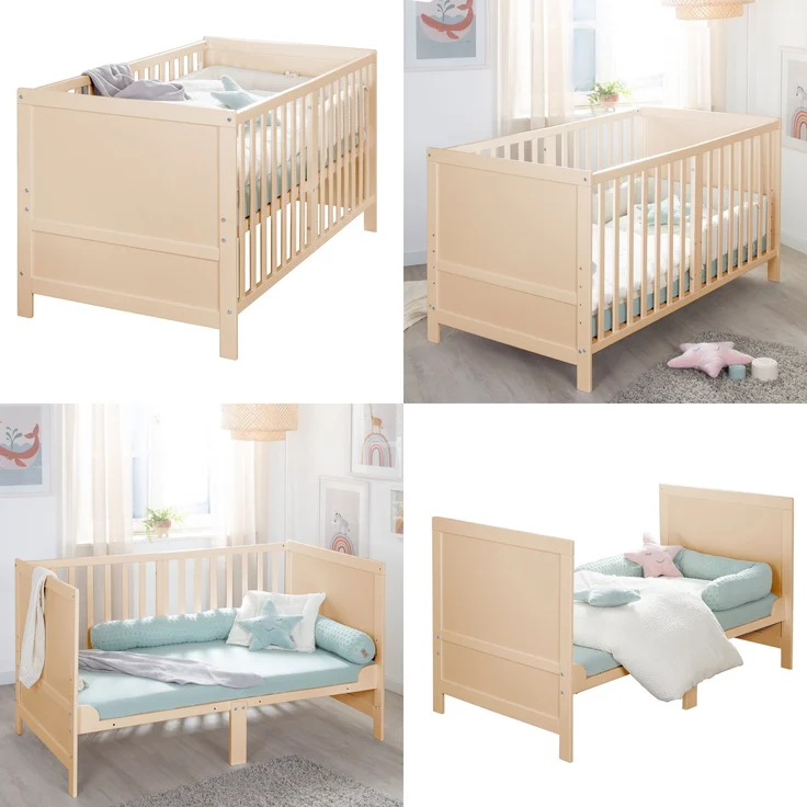 roba Babybett EASY SLEEP 70 x 140 cm inkl. Umbauecken + Matratze safe asleep® Roll Air - Mitwachsendes Gitterbett 3-fach höhenverstellbar - 3 Schlupfsprossen - Holz natur – Bild 5