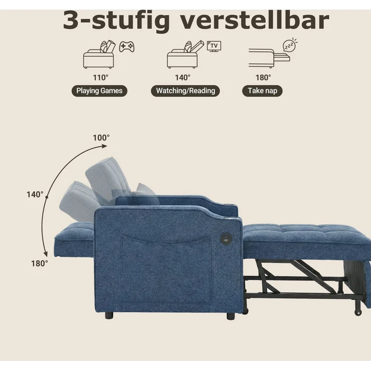 Schlafsessel mit Stoffbezug, USB-Anschluss & Bettfunktion, 190 cm Liegefläche, Navyblau – Bild 6