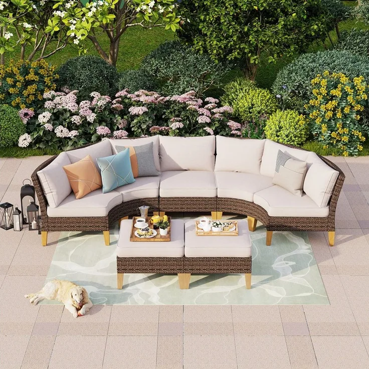 PHI VILLA Gartenlounge-Set, (4 x Fächer-Sofa, 1 x Armloser Stuhl, 2 x Ottomane, Polyethylen-Rattan)