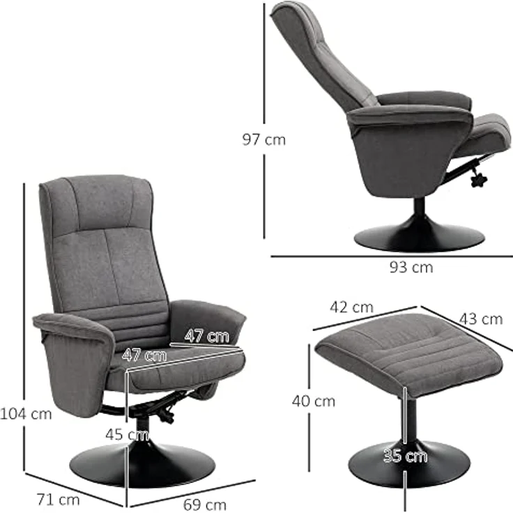 HOMCOM Relaxsessel Relaxstuhl mit Fußhocker, verstellbare Rückenlehne (Liegesessel, 2-St, Fernsehsessel), für Wohnzimmer, Schlafzimmer, Samt, Dunkelgrau – Bild 4