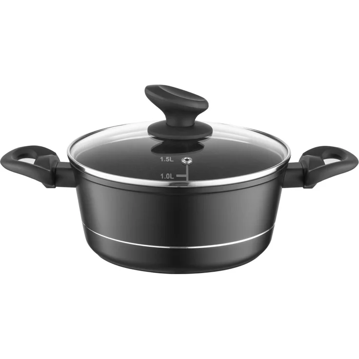 FLORINA Aluminium Topf (1,5 l) 18 cm I Kochtopf DELUX mit Glasdeckel I Messbecher & Antikratz-Beschichtung I Topf mit Induktionsboden I Geeignet für Induktionsherd, Gasherd und Elektroherd (Schwarz)