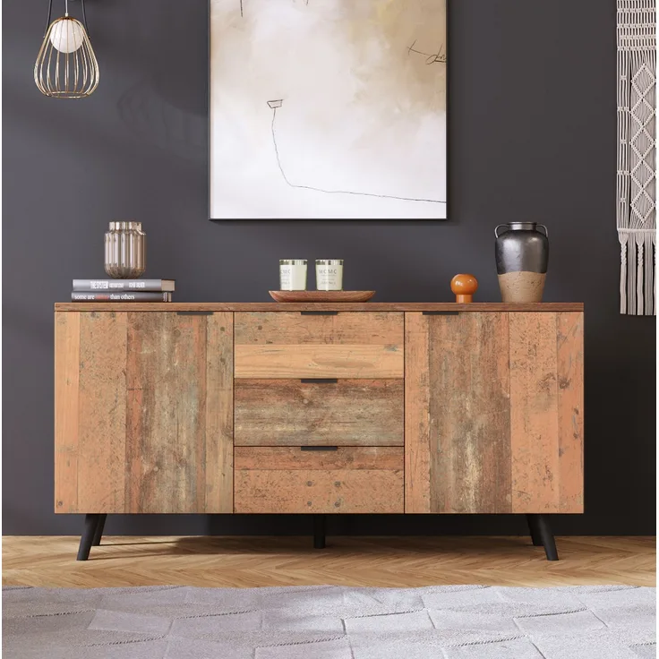 DESVIAE Sideboard mit 3 Schubladen und verstellbaren Einlegeböden, 140x70x35 cm, Spanplatte, Antikbraun
