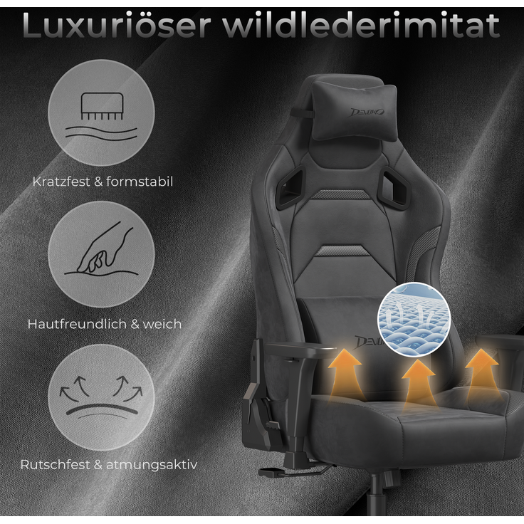 Gaming-Stuhl mit luxuriösem Wildlederimitat – ergonomisch, großzügige Sitzfläche, verstellbare Rückenlehne 90°–135°, 3D-Armlehnen,Grau – Bild 3