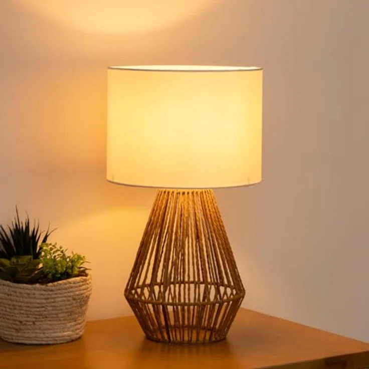 Atmosphera Tischlampe, Nachttischleuchte aus Holz mit geflochtenem Sockel, lila – Bild 4