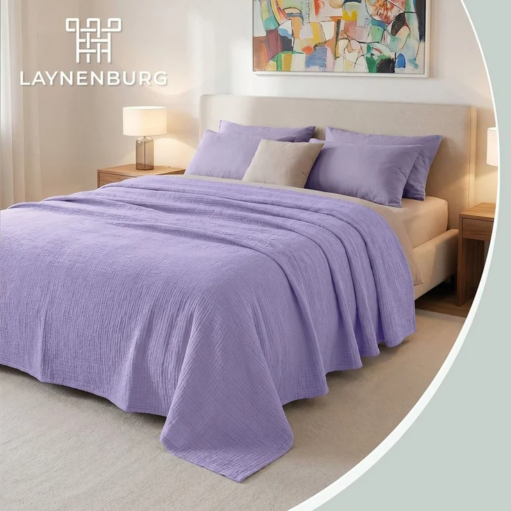 Laynenburg Tagesdecke Musselin aus 100% Baumwolle – Baumwolldecke, Kuscheldecke, Wohndecke als Sommerdecke, Bett-Überwurf, Couch-Überwurf, Sofa-Decke – Bild 2