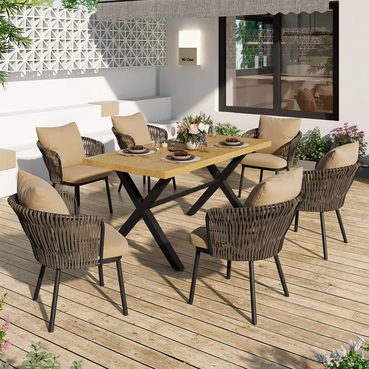 LVHOM Garten-Sitzgruppe für 6 Personen, Gartenmöbel Set inklusive Gartentisch & 6 Rattan-Sessel, Aluminium-Rahmen, Skandinavisches Design – Bild 7